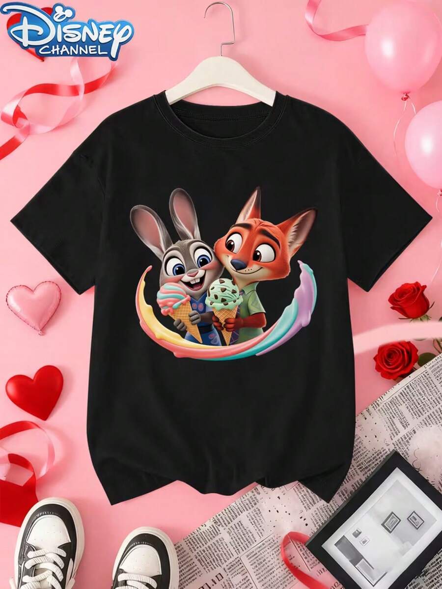 Genuine Disney Authorized Zootopia Role & Ice Cream Theme Printed Casual Men's And Women's T-Shirts, Suitable For Spring, Summer And Autumn, New Ladies' Casual Wild Retro T-Shirts. - 黑色 - 查看 1