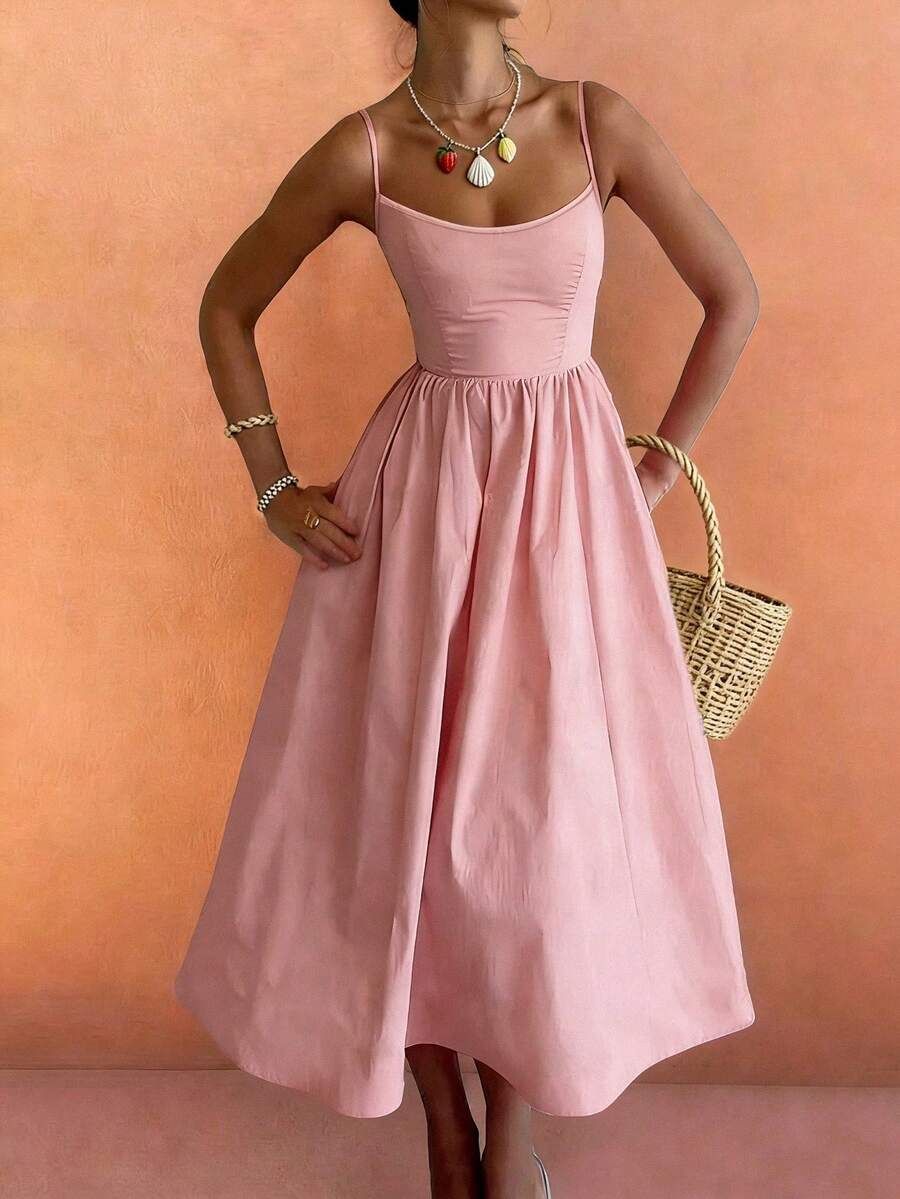 Starfish Shining Spring/Summer New Series: Fashionable Minimalist Elegant Daily & Vacation Style Adjustable Strap Dress, Regular Sizes For Women Pink Party