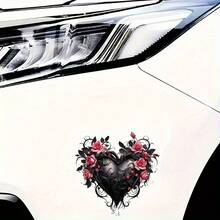 Deep Rose Heart-Shaped Car Sticker - Black And Pink Floral Heart Design Decal, Suitable For Cars, Laptops, Windows, Etc. - Durable For Glass, Metal And Ceramic Surfaces - A - View 3