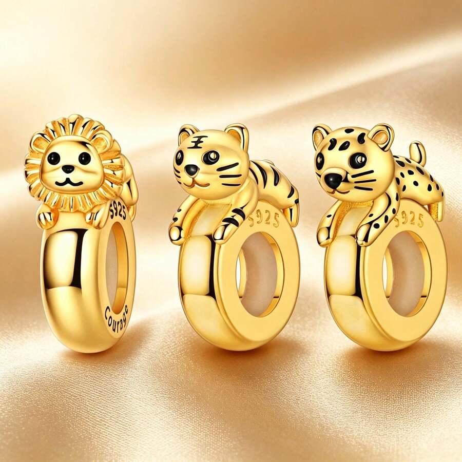 Set Of 1 Silver-Plated Gold-Tone Rubber Stopper Clasps Featuring Small Tiger, Leopard, And Lion Designs. Original Sporty Design Suitable For DIY Bracelets And Necklaces. Exquisite Zirconia-Embellished Pendant Chains And Accessories For Creating Unique Jewelry. Vibrant Sports Fan Theme, Perfect For Both Crafting Projects And Everyday Wear. - Gold - View 1