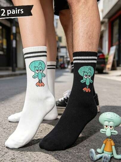 SpongeBob SquarePants 2 đôi tất dài đến bắp chân, họa tiết hoạt hình, thời trang, đa năng, thích hợp cho các cặp đôi, tất thể thao mỏng nhẹ, thoải mái cho mùa xuân/hè.