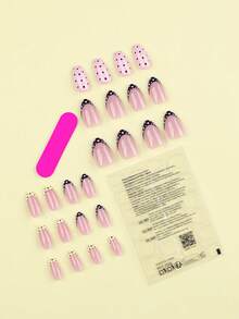 24 piezas Conjunto de uñas postizas cortas con forma de almendra y estampado de lunares franceses, incluye 1 adhesivo y 1 lima de uñas, adecuado para uso diario - Multicolor - Ver 2