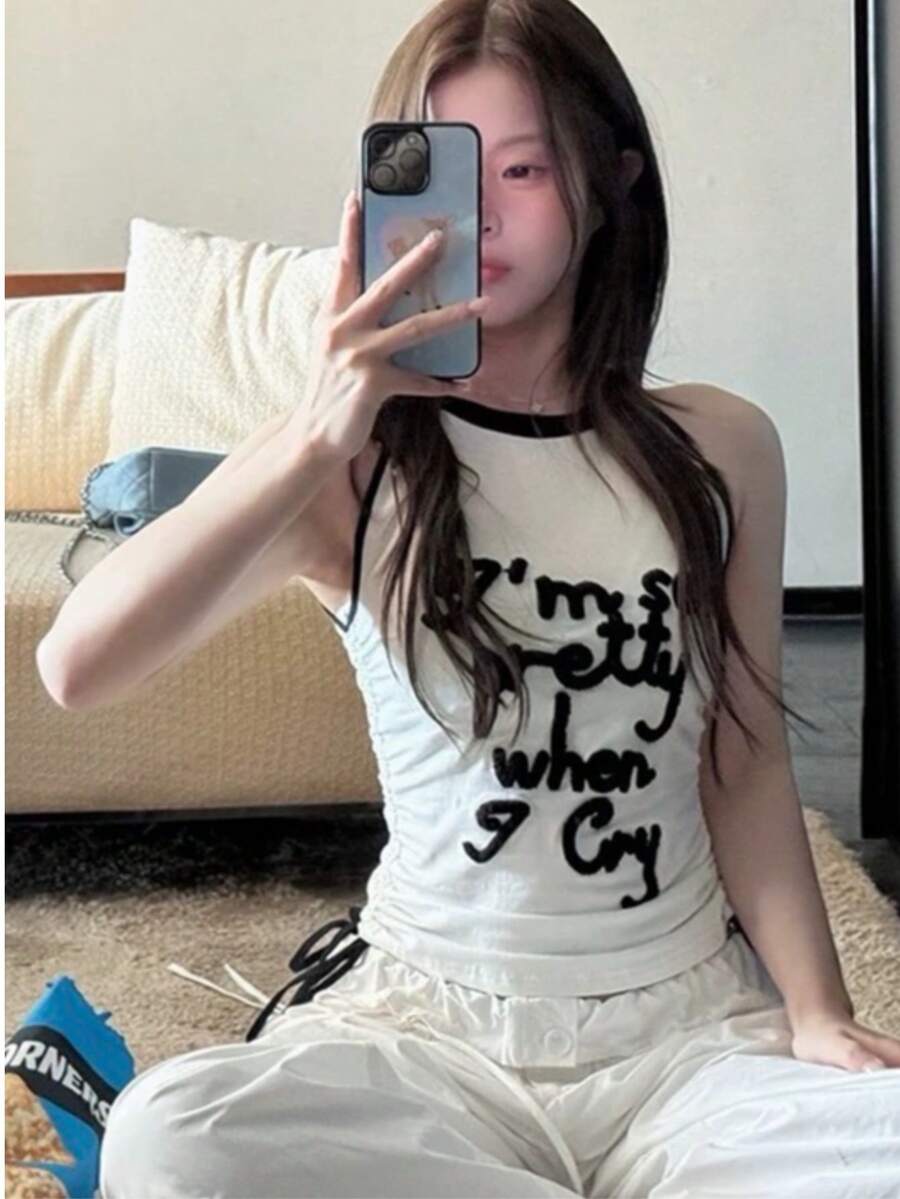女款拼色字母印花無袖背心上衣，夏季新款白色休閒時尚款 - 白色 - 查看 1