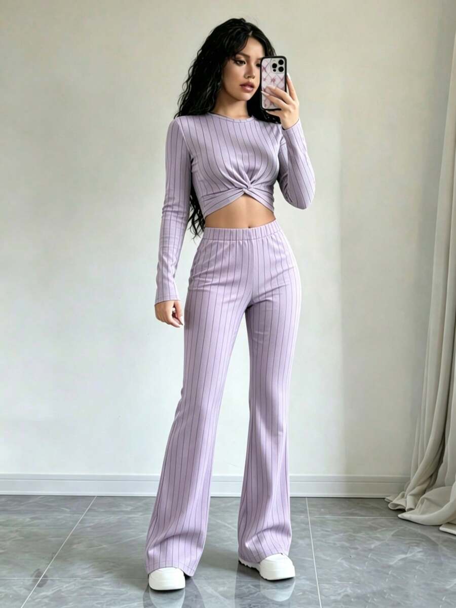 Conjunto De Blusa Corta De Manga Larga Y Pantalón Para Mujer Con Diseño De Bloques De Color - Púrpura malva - Ver 1