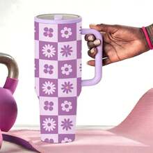1pc 40oz Stainless Steel Retro Daisy Checkerboard Tumbler With Handle And Lid, Large Capacity Insulated Travel Mug, Double Wall Vacuum Coffee Cup Keeps Drinks Cold 12H Hot 6H, Vintage Floral Aesthetic Gift For Women Girls For Car Office Picnic Use, Flasks - Hoa nhỏ kẻ ô màu xanh lá cây - Xem 5