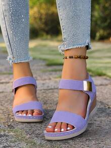 Plus Size Women's Retro Solid Color Buckle Platform Wedge Sandals,Summer Sandals - Purple - View 5