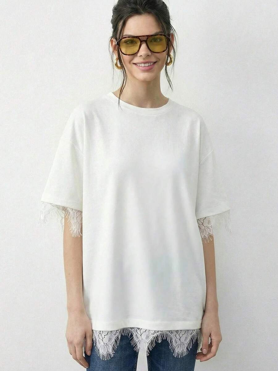 Solid V Neck Short Sleeve Tee Graphic Tees Back To School Clothes All White Streetwear - White - View 1