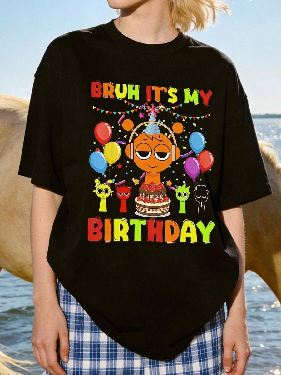 Camiseta de manga corta con cuello redondo suave y casual para mujer, estampado gráfico divertido de dibujos animados para cumpleaños, adecuada para fiestas. Negra. - Negro - Ver 1