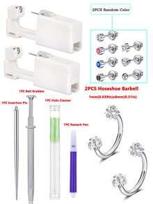 2 PIEZAS/8 PIEZAS Kit de perforación de orejas con pistola de perforación, kit desechable de perforaciones de orejas con aretes de espalda plana, kit de pistola de auto-perforación para el hogar, aros de herradura, aros con doble gema para el segundo orificio - Multicolor - Ver 14