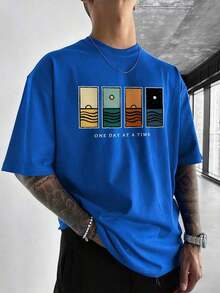 Camiseta de manga corta estampada minimalista para hombre, cómoda y transpirable, adecuada para el verano, a. - Azul - Ver 2