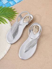 Bohemian Luxury Rhinestone Sandals, Metal Leaf Decor Low Heel Shoes, Versatile Beach Vacation Open Toe Flats For Women - Silver - View 6