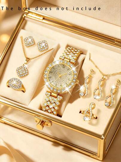 9 piezas Elegante Conjunto de Relojes de Cuarzo de Cristal, Incluye Collar de Diamantes, Aretes y Anillo, Adecuado para Festivales, Fiestas, Bodas, Reuniones y Uso Diario, Mejor Regalo para Mujeres
