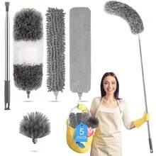 Chổi lau bụi bằng sợi microfiber kèm cán nối dài 112 inch, thích hợp cho trần nhà cao, làm sạch mạng nhện trên quạt trần, có thể tái sử dụng và giặt được, nhẹ, dùng cho lưới quạt trần và rèm cửa. - Bộ 5 món - Xem 9