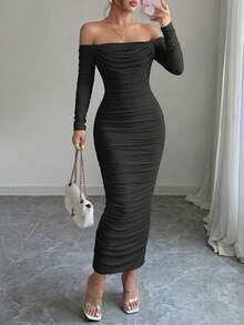 PRETTYGARDEN Womens  Fall Long Sleeve Maxi Dress Off Shoulder Mesh Ruched Bodycon  Long Wedding Guest Christmas New Years Valentine Vacation Dresses For Women Elegant - 黑色 - 查看 1
