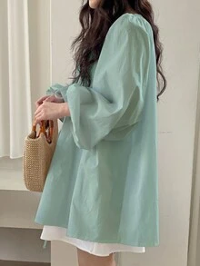 YIU 女士时尚绿色系腰衬衫，主教袖设计，系带细节，长袖无弹梭织面料，适合春季穿着和日常休闲穿着。 - 軍綠色 - 查看 5