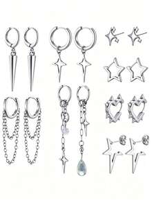 Conjunto de pendientes para mujer, pendientes con borlas de estilo gótico punk emo coreano unisex, pendientes de acero inoxidable plateado para mujer, adecuados para bodas, novias, fiestas, uso diario, cosplay, fotografía, fiestas en la playa, Día de San Valentín, Día de la Madre, Día del Padre, vuelta al colegio, personalidad de moda, asequible, pendientes de aro, milenio, pendientes plateados, artista de perforación, perforación del cartílago de la oreja, perforación, pendientes de mujer, pendientes colgantes, pendientes colgantes, perforación corporal - Plateado - Ver 2