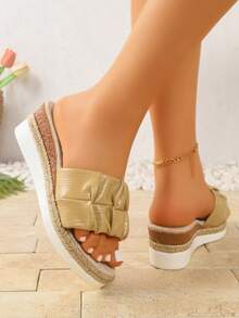 Women's Pleated Platform Wedge Slide Sandals, Open Toe Linen Comfortable Thick Sole Casual Beach Daily Wear Shoes, Solid Color Bohemian Holiday - Khaki - View 3