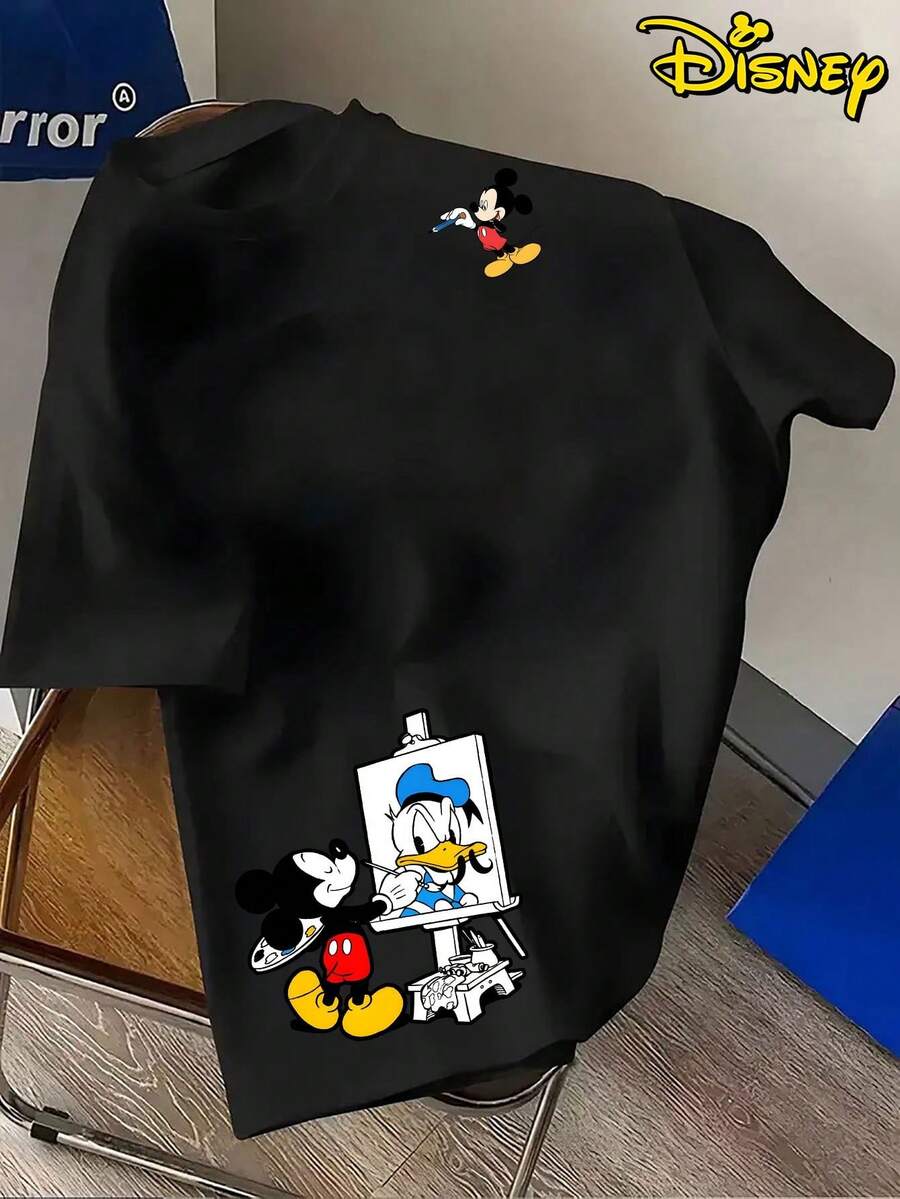 Disney Licensed And Donald Duck Artistic Interactive Print Men's T-Shirt, Crew Neck Casual Comfortable T-Shirt, Breathable And Lightweight, Fashionable Streetwear, Men's Casual Top - màu đen - Xem 1