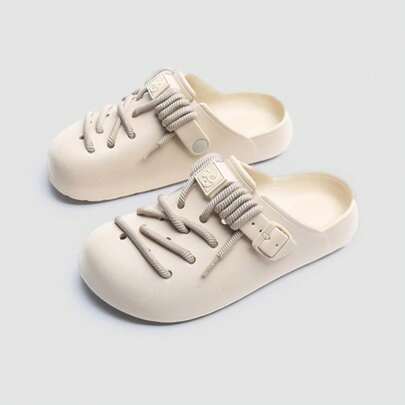 Jifffly 1 đôi dép lê unisex nhẹ, chống trơn trượt, có dây buộc trang trí tiện dụng, màu kaki, đế EVA mềm mại, giảm sốc, kiểu dáng thấp cổ, thích hợp cho hoạt động ngoài trời.