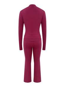 LovelyWholesale Women'S Casual Stand-Up Collar Zip-Up Solid Color Top And Flared Pants Two Pieces Set Fall Outfits For Women - Burgundy - View 9
