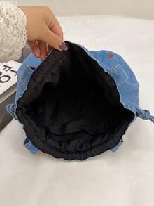 Túi đeo vai kiểu xô bằng vải denim thêu hoa, túi tote vải bố dung tích lớn dành cho học sinh. - Màu xanh lam - Xem 11