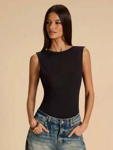Body entero lujo elegante espalda descubierta cadena metálica sin mangas color sólido ceñido mujer vacaciones playa uso diario trabajo viaje primavera verano  viral 2026 - Marrón 2 - Ver 6