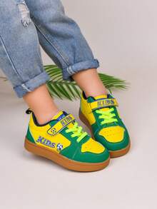 Toddler Boys' Football Print Low-Top Sneakers, Green & Yellow Color Block Design, Comfortable Soft Sole Casual Shoes For Daily & Outdoor Play - Green - View 2