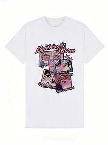 Camiseta de manga corta con cuello redondo suave y casual para mujer, estampado gráfico retro de anime con frases, adecuada para uso diario. Negra. - Blanco - Ver 2