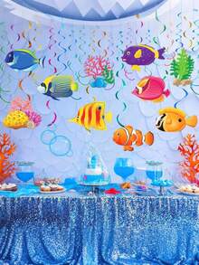 11件熱帶魚吊掛旋轉天花板裝飾，水下派對裝飾，包含亮銀色水母、貝殼、海星、珍珠、吊掛小魚裝飾，適用於新娘派對、洗禮派對、水下世界派對裝飾、美人魚貝殼圖案吊掛裝飾、生日派對、夏季主題派對 - 多色 - 查看 5