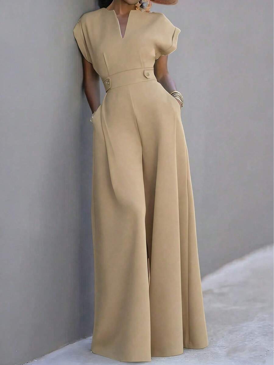 Women's New Solid Color Cutout Pocket Wide Leg Jumpsuit, Suitable For Daily, Office, Vacation In Spring & Summer - Recommend Sizing Up One Size For Slim Fit