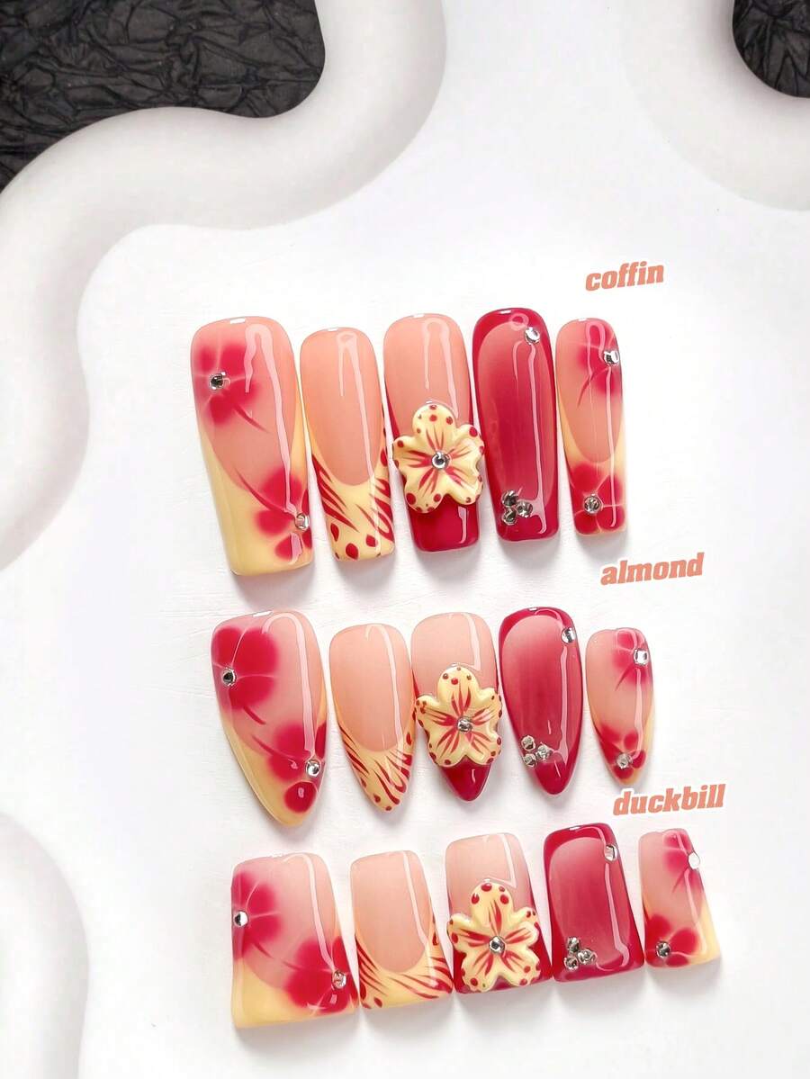 10 Pcs Tropical Resort Style Handmade Nail Art Set,Polygel Nail Set,Small Diamond Nail Art Accessories,Nude-Pink Base Accented With Contrasting Red And Yellow, Featuring Hand-Painted Red Flowers And Hand-Sculpted 3D Floral Details Nail Art Decorations,Pink, Yellow, Red Nail Polish,New Chinese Style,Comes With Nail Tools - Nhiều màu - Xem 1