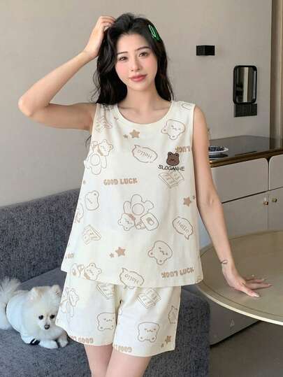 Livesso Bộ đồ ngủ 2 món không tay màu kem hoạt hình gấu may mắn cho nữ và quần short, thoải mái cho mùa xuân và mùa hè