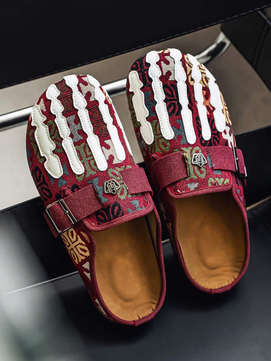 Men's Boho Mule Shoes - Printed Fabric Slip-On Clogs With Metal Buckle, Soft Insole Casual Comfort Sandals For Spring Summer - 紅色 - 查看 1
