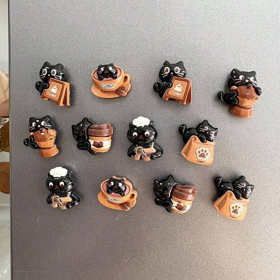 3/6/10/12pcs Cute Black Cat Coffee Fridge Magnets, Cute Kitchen Refrigerator Magnets, Home Decor, Suitable For Home, Office, Whiteboard, Storage Cabinet, Dishwasher, Mother's Day, Party Gift Decoration Magnets - Multicolor - View 1