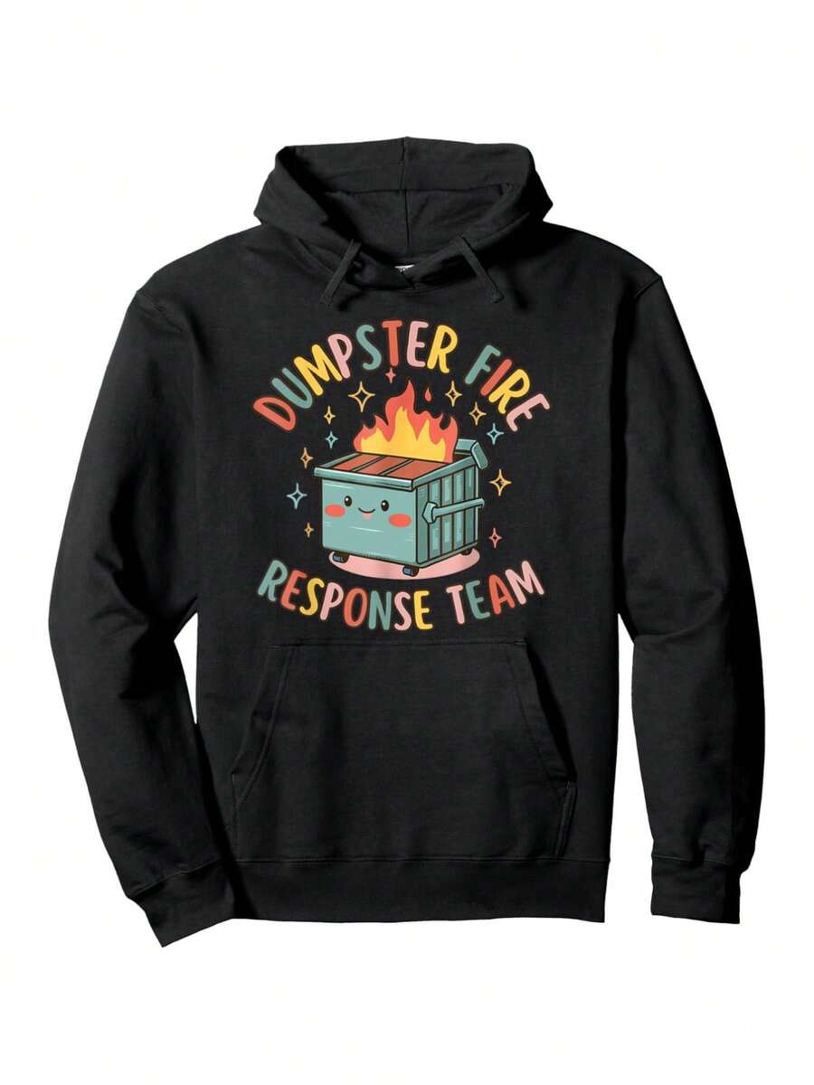 Sweat-shirt à capuche amusant pour hommes avec l'inscription "Dumpster Fire Response" - Noir, Sweat-shirt-shirt décontracté à manches longues avec motif poubelle et feu, adapté pour l'automne/l'hiver, confortable pour un usage quotidien. | Sweat-shirt à capuche graphique amusant | Coupe confortable, Sweat-shirt à capuche amusant - Noir - Voir 1