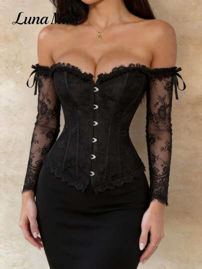 Luna Muse Women's Spring & Summer New Retro Lace Off Shoulder Bustier Corset Top, Vintage Boned Bodycon Shaper Bustier With Bow Detail, Y2K Sexy Long Sleeve Crop Top, Elegant High-End Top, Perfect For Daily, Casual, Party, Vacation, Date, Streetwear, Festival Outfit, Concert, Valentine's Day, Mother's Day, Graduation Season, Coachella, Back To School, Gothic Style, Coquette Style