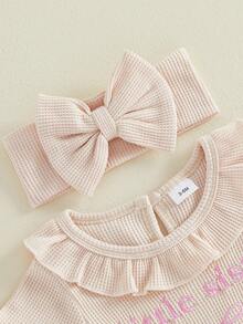 Newborn Baby Girl Outfit Short Sleeve Ruffled Romper Headband Summer Waffle Set - Apricot - View 3