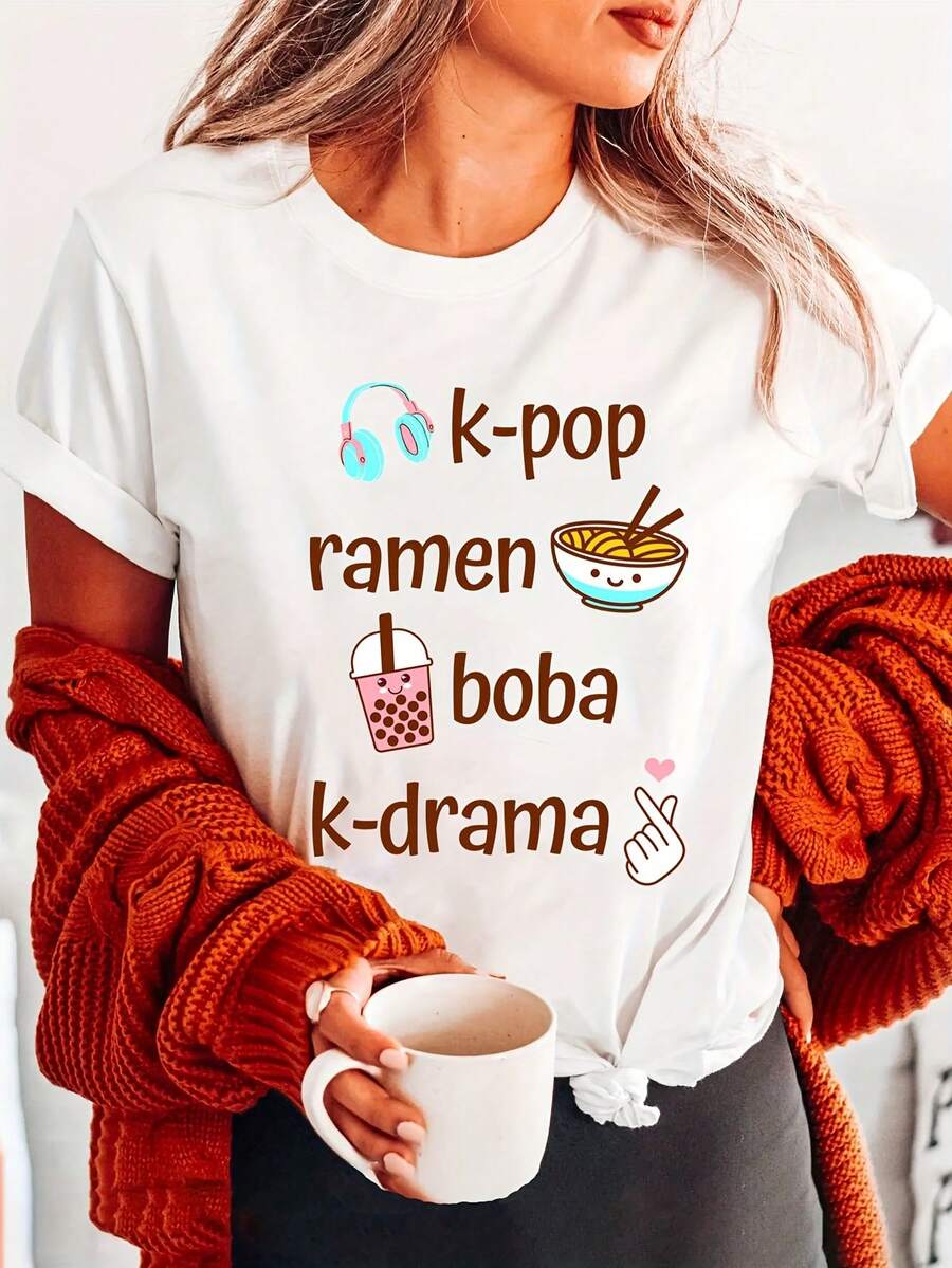 -Letter Print Shirt, Helmet, Ramen And Milk Tea Motif, Short Sleeves, Round Neck, Casual Top For Summer And Spring, Women's Clothing - White - View 1