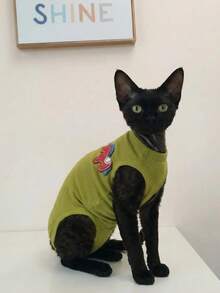 斯芬克斯猫刺绣无袖背心，轻薄透气，适合夏季无毛猫穿着，可水洗，保护腹部免受寒冷侵袭 - 綠色 - 查看 15