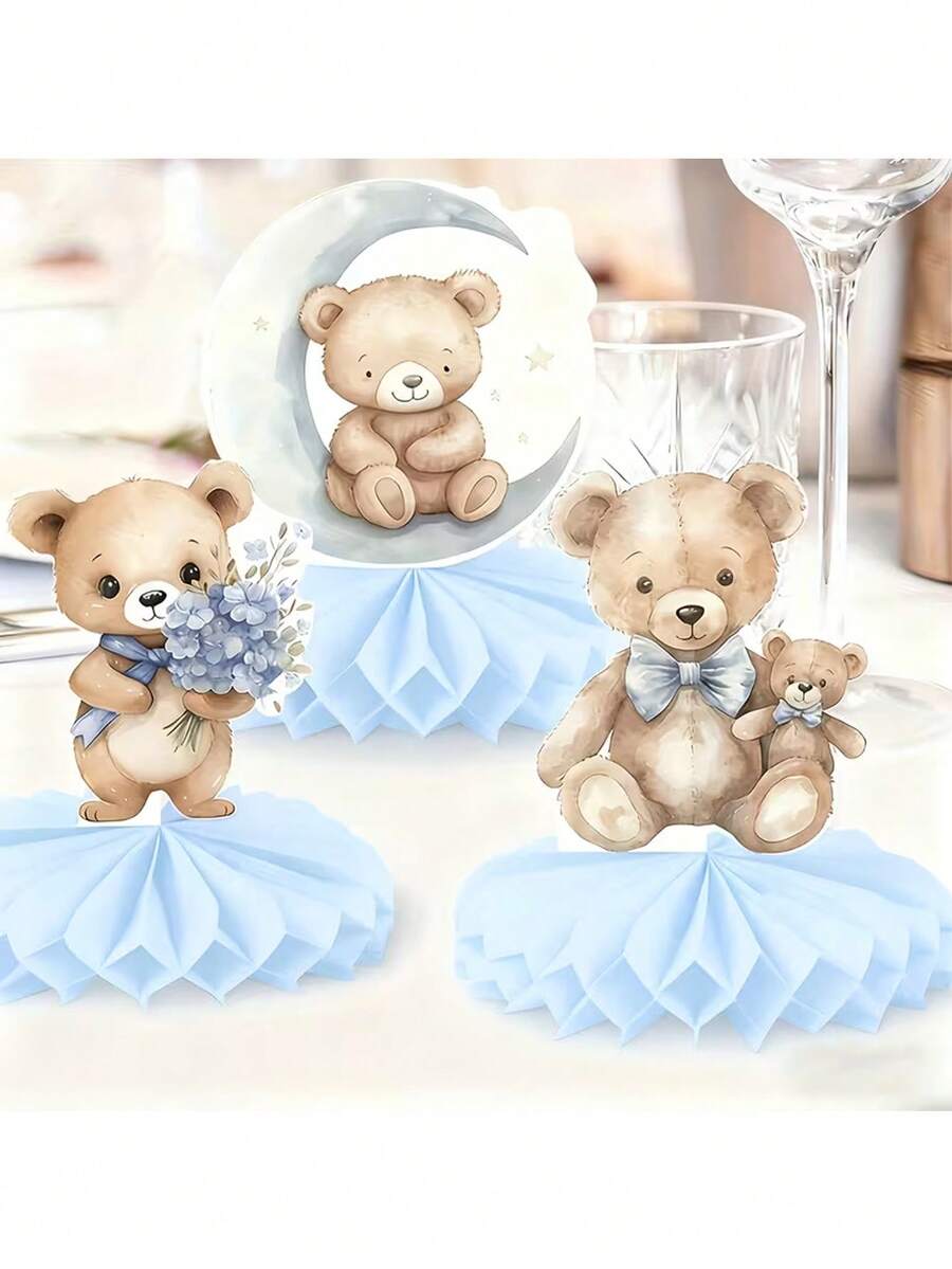 6 piezas Decoraciones de ducha con oso azul – Centros de mesa con temática de osito de peluche en forma de panal; Decoración de fiesta de papel neutra de género adecuada para revelaciones de género, baby showers y fiestas de cumpleaños Decoraciones para fiestas de cumpleaños - Múltiples estilos - Ver 1