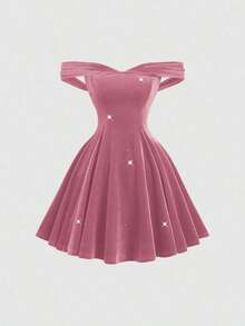 PETITE Vestido mini de cóctel con hombros descubiertos para mujer, adecuado para banquetes, eventos y uso diario en otoño/invierno - Rosa - Ver 3