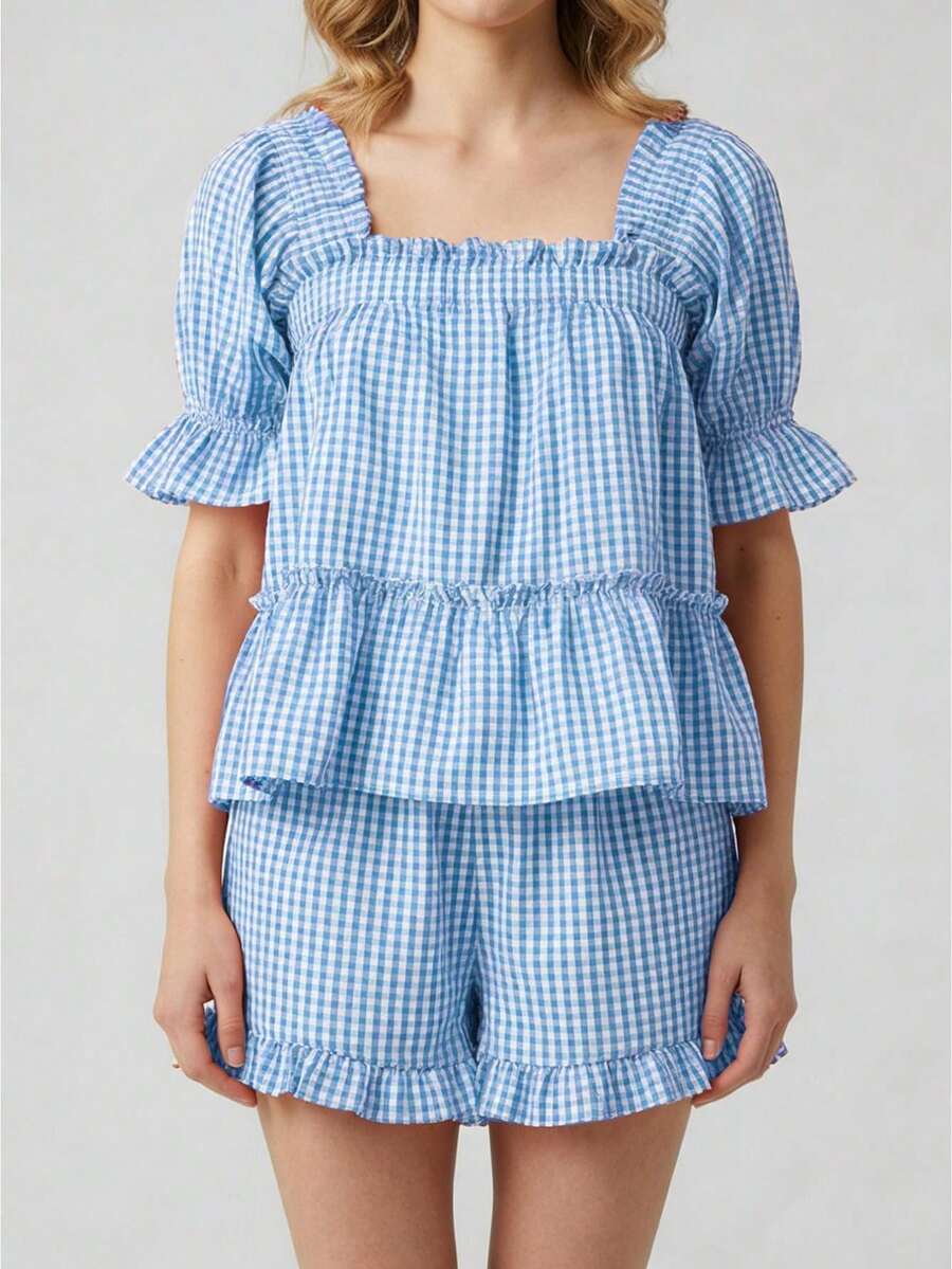 Women's 2-Piece Plaid Lounge Set Short Sleeve Square Neck Tops and Shorts Soft Pajama Sleepwear - Azul - Ver 1
