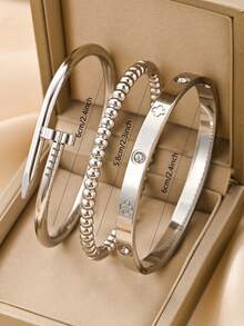 1/3pcs European & American Ins Style Silver Nail Studded Rhinestone Bracelet Set, Hypoallergenic, Non-Fading, Versatile Hand Jewelry For Daily Layering And Commuting - Silver - View 3