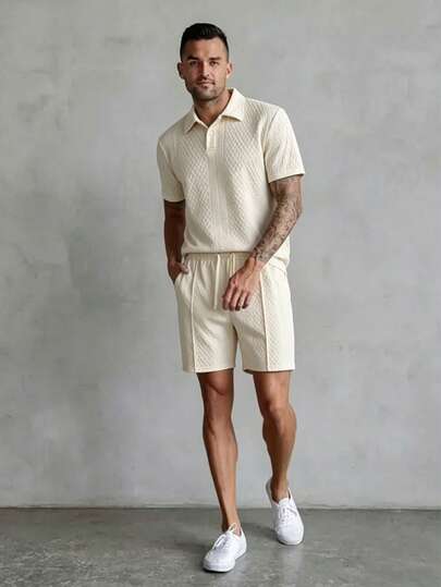 Bộ áo polo tay ngắn và quần short dệt kim jacquard dành cho nam, thích hợp cho kỳ nghỉ biển ở Hawaii, lễ hội âm nhạc và mặc hàng ngày. Một món quà tuyệt vời dành cho bạn trai hoặc chồng, bộ đồ thoải mái.