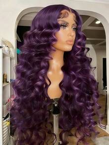 Dark Purple Deep Wave Wig Human Hair 200 Density Natural Kinky Curly Human Hair Wigs For Women 13x4 HD Lace Frontal Wigs Human Hair With Baby Hair Violet Purple Colored Glueless Wigs Human Hair For Daily Wear - Tím hoa violet - Xem 3