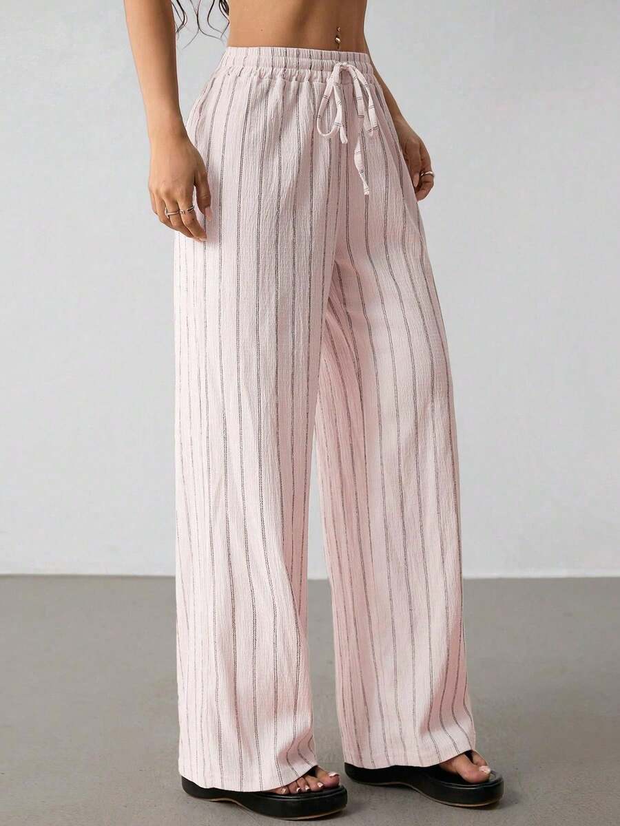 2026 Womens Multi-Color Striped Drawstring Waist Wide Leg Pants Casual Summer Trousers - Pink - View 1