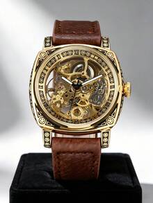 1pc Men's Hollow Automatic Mechanical Watch, Retro Luxurious Style Leather Band Watch, Suitable For Daily Wear And Gift Giving - Gold - View 9