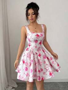 Vestido elegante y romántico para mujer con estampado floral, cuello cuadrado y cintura ceñida sin mangas - Multicolor - Ver 4