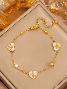 1pc Stainless Steel Heart, Flower, Clover, Rhombus Mother Of Pearl Bracelet, Elegant & Fashionable Micro-Inlaid Bracelet For Women, Summer New Arrival - Gold - View 9