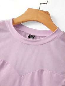 Body entero ajustado para mujer, diseño de cuello alto con tul transparente en pecho y mangas cortas, estilo dulce sensual versátil para primavera y verano uso diario - Morado - Ver 7